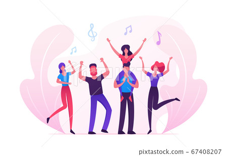 Group of Young People Visiting Music Event or Concert, Men and Women Fans Cheering, Dancing and Jumping with Hands Up Group of Young People Visiting Music Event or Concert, Men and Women Fans Cheering, Dancing and Jumping with Hands Up 67408207