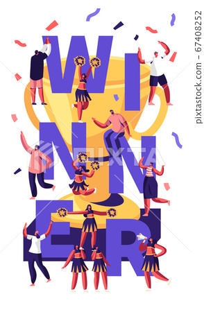 Winner Concept with Cheerleaders Team Making Pyramid on Sports Competition and Cheerful People around Golden Cup and Confetti. Sport Poster Banner Flyer Brochure. Cartoon Flat Vector Illustration 67408252