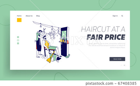 Street Barber Character Doing Client Haircut in Outdoor Barbershop Landing Page Template. Poor Country Grooming Place with Chair, Cutting Tools, Dirt and Rats around. Linear People Vector Illustration Street Barber Character Doing Client Haircut in Outdoor Barbershop Landing Page Template. Poor Country Grooming Place with Chair, Cutting Tools, Dirt and Rats around. Linear People Vector Illustration 67408385