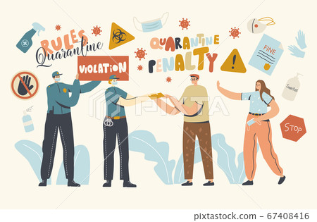 Quarantine Penalty Concept. Policemen Characters Check People on Street during Covid19 Pandemic 67408416