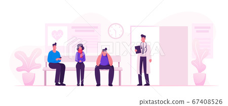 Patients Men and Women Sitting in Clinic or Hospital Hallway Waiting Doctors Appointment for Health Care Treatment. Practitioner Inviting Next Client for Consultation. Cartoon Flat Vector Illustration 67408526