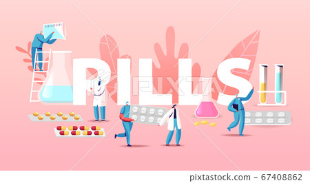 Pills Producing Concept. Tiny Pharmacist Characters with Huge Medical Production, Beakers and Tablets 67408862
