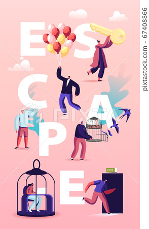 Characters Escape Home Isolation Concept. People Leaving Cages and Run into Open Door and Flying on Air Balloons Characters Escape Home Isolation Concept. People Leaving Cages and Run into Open Door and Flying on Air Balloons 67408866