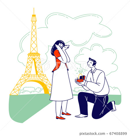Characters Romantic Proposal in Paris Concept. Man with Engagement Ring Asking Woman to Merry Standing on Knee. Love Relationship Marriage and Family, Valentines Day. Linear People Vector Illustration Characters Romantic Proposal in Paris Concept. Man with Engagement Ring Asking Woman to Merry Standing on Knee. Love Relationship Marriage and Family, Valentines Day. Linear People Vector Illustration 67408899