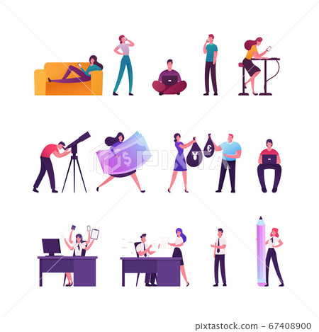 Set of Tiny Male and Female Characters Relaxing with Gadgets, Using Smartphone or Laptop, People with Huge Dollar Bill and Money sacks. Mann Look in Telescope, Office Work. Cartoon Vector Illustration Set of Tiny Male and Female Characters Relaxing with Gadgets, Using Smartphone or Laptop, People with Huge Dollar Bill and Money sacks. Mann Look in Telescope, Office Work. Cartoon Vector Illustration 67408900