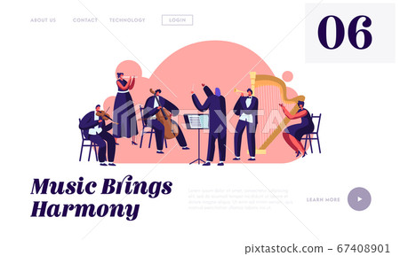 Symphony Orchestra Playing Classical Music Concert Website Landing Page, Conductor and Musicians with Instruments Performing Symphony Orchestra Playing Classical Music Concert Website Landing Page, Conductor and Musicians with Instruments Performing 67408901
