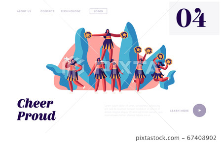 Cheerleaders Team in Uniform Make Pyramid on Sports Competition. Student Girls Performing Dance to Support Sportsmen in College Cheerleaders Team in Uniform Make Pyramid on Sports Competition. Student Girls Performing Dance to Support Sportsmen in College 67408902