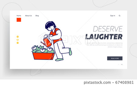 Child Watering Home Plant in Flowerpot Landing Page Template. Gardening Hobby, Boy Character Child Watering Home Plant in Flowerpot Landing Page Template. Gardening Hobby, Boy Character 67408981