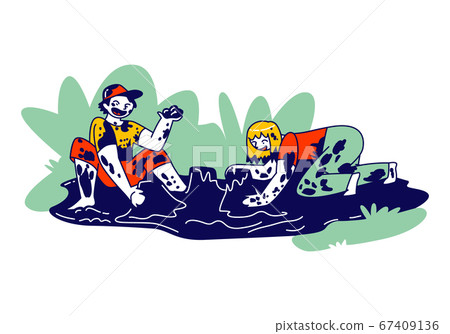Children Characters Wallow in Dirty Puddle at Rain Weather Making Cakes of Liquid Soil. Girl and Boy Playing in Rainy Day Sitting in Mud Splashing Water and Dirt. Linear People Vector Illustration 67409136