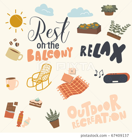 Set of Balcony Relax Things, Ornament for Cloth or Wrapping Paper. Blanket, Pillow and Rocking Chair Set of Balcony Relax Things, Ornament for Cloth or Wrapping Paper. Blanket, Pillow and Rocking Chair 67409137