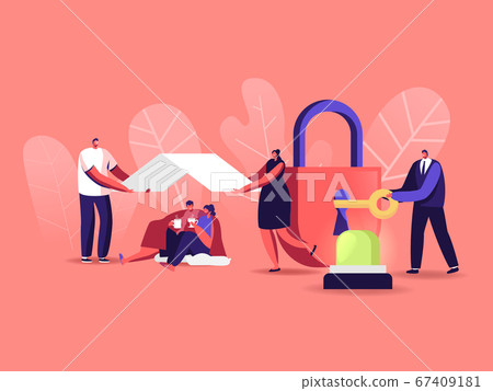 Security Concept. Male and Female Characters Drinking Coffee Sitting under Roof, Tiny Man Closing Huge Lock with Key, Signaling. Home and Life Protection, Safety. Cartoon People Vector Illustration 67409181