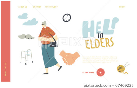 Seniors Help and Support Landing Page Template. Old Woman in Glasses Walk Outdoors. Aged Female Character Walking Frame, Knitting Hobby and Leisure Time in Nursing Home. Linear Vector Illustration 67409225
