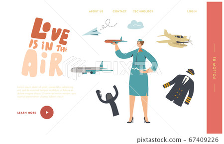 Airline Transportation Service Landing Page Template. Stewardess Character Wear Uniform Holding Airplane Model in Hand. Plane Crew, Air Hostess Profession, Aircraft History. Linear Vector Illustration 67409226