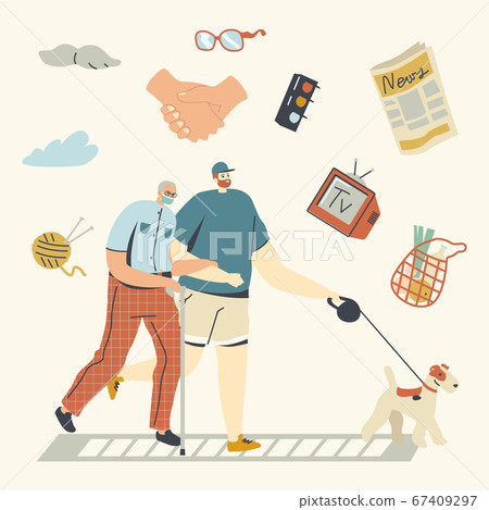 Volunteer Help Senior Man in Medical Mask Walking with Dog. Kind Selfless Male Character Doing Good Deal Helping and Support Aged Pensioner at Coronavirus Pandemic. Linear People Vector Illustration 67409297