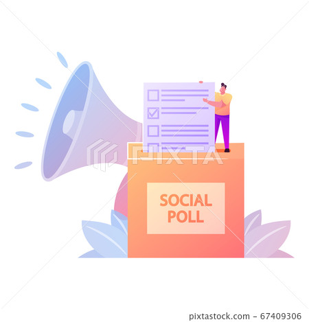 Polling, Presidential Election and Social Poll Concept. Voter Character Casting Ballots at Polling Place During Voting 67409306