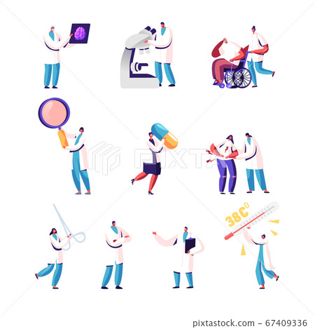 Set of Male and Female Doctors and Patients, Tiny Medic Characters Holding Huge Instruments, Magnifying Glass 67409336
