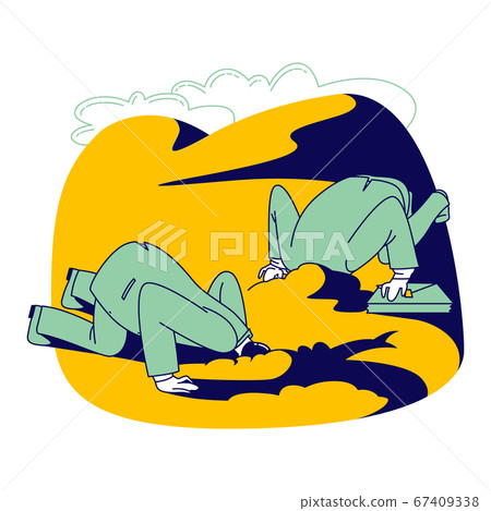 Panic Attack Mental Sickness. Businessman Character Having Panic Disorder Hiding Head in Ground Trying to Stop Fear. Psychological Health Problems, Illness Concept. Linear People Vector Illustration 67409338