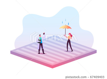 New Technologies, Impregnated Waterproof Fabric Concept. Tiny Male and Female Characters New Technologies, Impregnated Waterproof Fabric Concept. Tiny Male and Female Characters 67409403