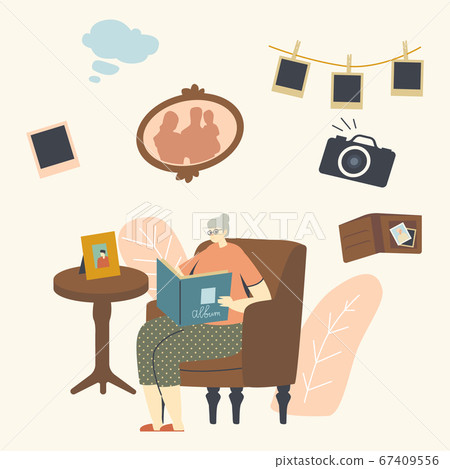 Senior Woman Character Sitting on Couch Watching Family Album with Pictures in Room, Aged Granny Remembering Past Senior Woman Character Sitting on Couch Watching Family Album with Pictures in Room, Aged Granny Remembering Past 67409556