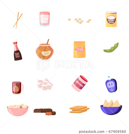 Set of Icons Wooden Chopsticks, Soy Milk, Sauce and Beans, Coconut and Cane Sugar, Honey in Jar, Stevia Package 67409560