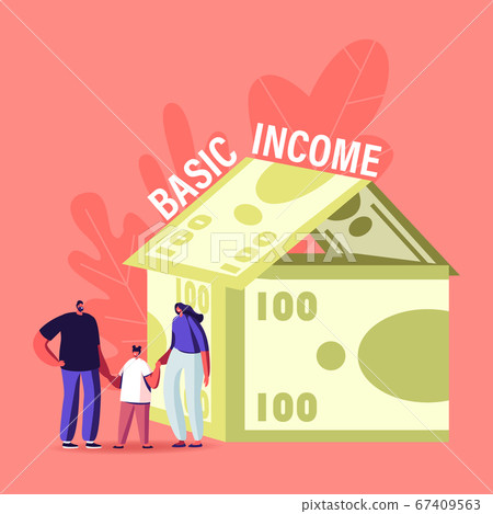 Property Insurance, Universal Basic Income Concept. Happy Family Characters Stand front of Cottage Made of Money Bills. Mother, Father and Little Baby Holding Hands. Cartoon People Vector Illustration Property Insurance, Universal Basic Income Concept. Happy Family Characters Stand front of Cottage Made of Money Bills. Mother, Father and Little Baby Holding Hands. Cartoon People Vector Illustration 67409563