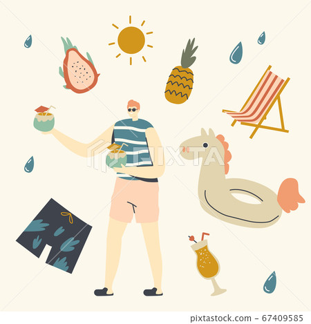 Male Character with Coconut or Fruit Fresh Cocktail Relaxing at Swimming Pool. Man Drink Alcohol, Barista Male Character with Coconut or Fruit Fresh Cocktail Relaxing at Swimming Pool. Man Drink Alcohol, Barista 67409585