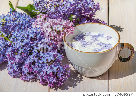 Cup with milk and small purple lilac flowers Cup with milk and small purple lilac flowers 67409587