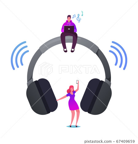 Young Characters Listen Music on Player or Mobile Phone Using Wireless Headphones Young Characters Listen Music on Player or Mobile Phone Using Wireless Headphones 67409659