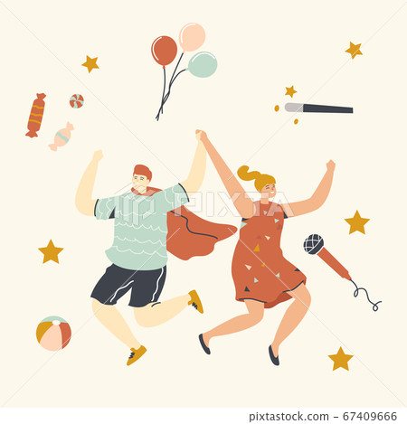 Children Party, Birthday Celebration Concept. Happy Cheerful Kids Characters Dancing and Jumping with Hands Up 67409666