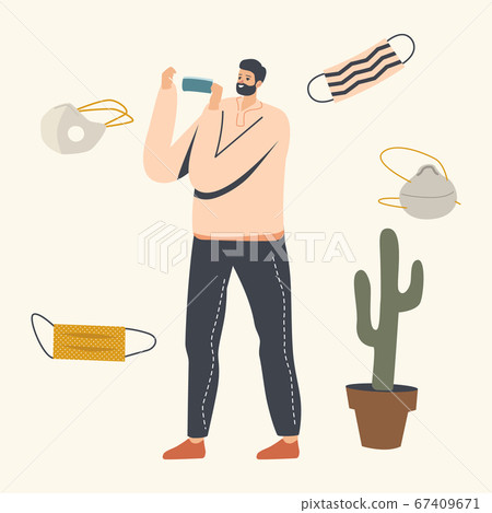 Young Girl in Medical Mask, Casual Clothing and Handbag Walking Outdoors during Coronavirus Quarantine 67409671