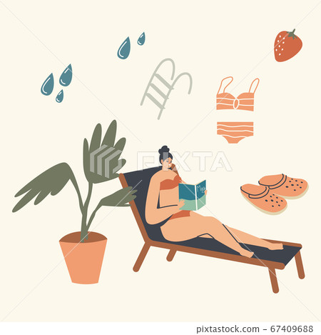 Woman in Bikini Sitting on Deck Chair at Pool or Beach Read Interesting Book. Female Character Bookworm 67409688