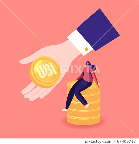 Tiny Woman Sitting on Stack of Gold Coins, Huge Hand Giving UBI Coin. Female Character Get Universal Basic Income. Money Cash, Saving, Financial Profit or Salary Wealth. Cartoon Vector Illustration Tiny Woman Sitting on Stack of Gold Coins, Huge Hand Giving UBI Coin. Female Character Get Universal Basic Income. Money Cash, Saving, Financial Profit or Salary Wealth. Cartoon Vector Illustration 67409718
