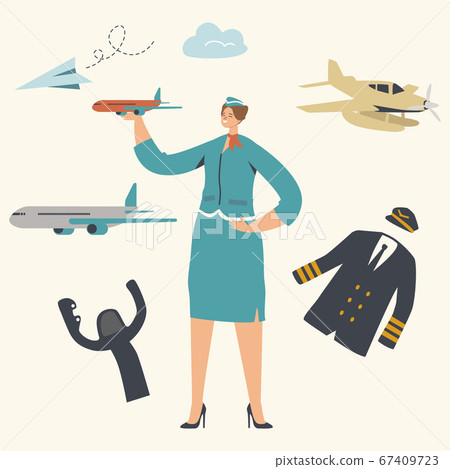 Stewardess Character Wearing Uniform Holding Airplane Model in Hand. Airline Transportation Service, Plane Crew, Air Hostess Profession, Aircraft History and Development. Linear Vector Illustration Stewardess Character Wearing Uniform Holding Airplane Model in Hand. Airline Transportation Service, Plane Crew, Air Hostess Profession, Aircraft History and Development. Linear Vector Illustration 67409723