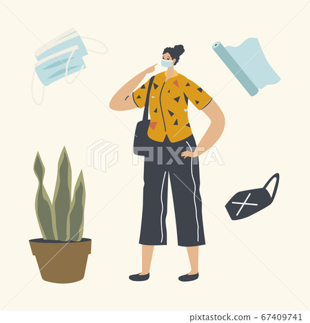 Young Girl in Medical Mask, Casual Clothing and Handbag Walking Outdoors during Coronavirus Quarantine 67409741