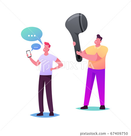 Young People Listen Music on Mobile Phone with Wireless Headphones Concept Young People Listen Music on Mobile Phone with Wireless Headphones Concept 67409750