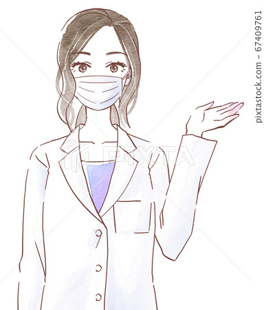 A young woman wearing a white coat and wearing a mask and guiding with the left hand 67409761