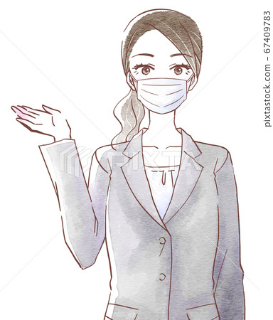 A young woman wearing a suit and wearing a mask and guiding with the right hand 67409783