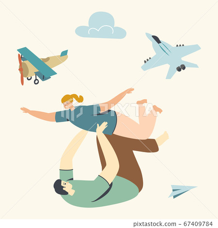 Father Playing with Little Daughter in Airplane. Happy Family Characters Dad with Child Fooling. Parenting, Childhood and Various Planes Concept. Weekend Recreation. Linear People Vector Illustration 67409784