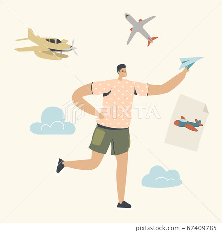 Happy Boy Running with Paper Airplane in Hand. Young Male Character Fly Plane in Air. Summer Vacation, Childhood. Origami Hobby, Child Dream to be Pilot, Aircraft Concept. Linear Vector Illustration 67409785