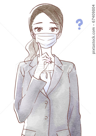 Wondering young woman wearing a suit and wearing a mask 67409804