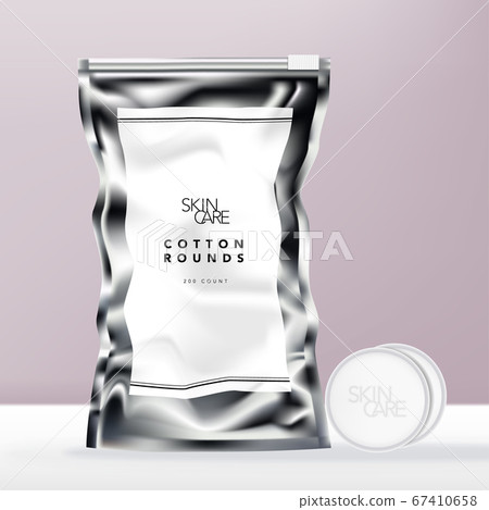 Vector Glossy Silver Beauty or Food Foil Bag Packet with Cotton Rounds. 67410658