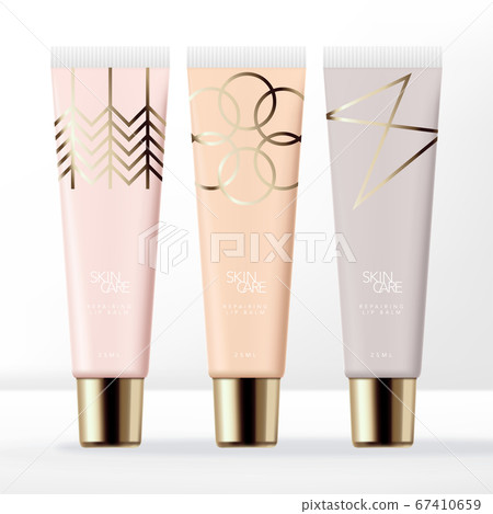 Vector Pastel Clear Lip Gloss Tube Packaging with Gold Screw Cap & Minimal Line Art Pattern Vector Pastel Clear Lip Gloss Tube Packaging with Gold Screw Cap & Minimal Line Art Pattern 67410659