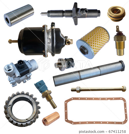 A lot of new auto parts isolated on a white background. Autoshop. 67411258