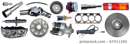 A lot of new auto parts isolated on a white background. Autoshop. 67411260