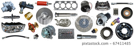 Auto spare parts car on the white background. Set with many isolated items for shop or aftermarket. 67411485