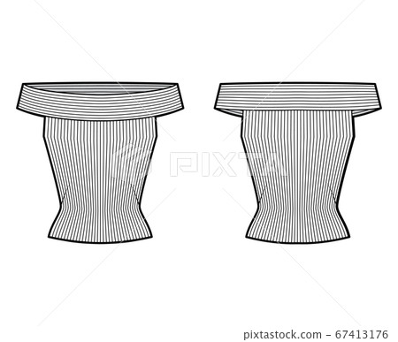 Off-the-shoulder ribbed-knit top technical fashion illustration with sleeveless, close-fitting shape.  67413176