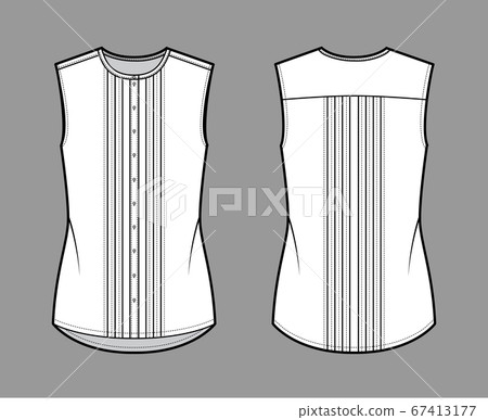 Pintucked blouse technical fashion illustration with crew neck, sleeveless, oversized body, front button fastenings. Pintucked blouse technical fashion illustration with crew neck, sleeveless, oversized body, front button fastenings. 67413177