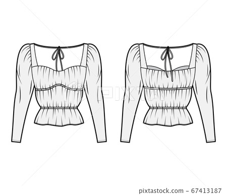 Shirt technical fashion illustration with oversized body, concealed button fastenings along front, delicate ruffles Shirt technical fashion illustration with oversized body, concealed button fastenings along front, delicate ruffles 67413187
