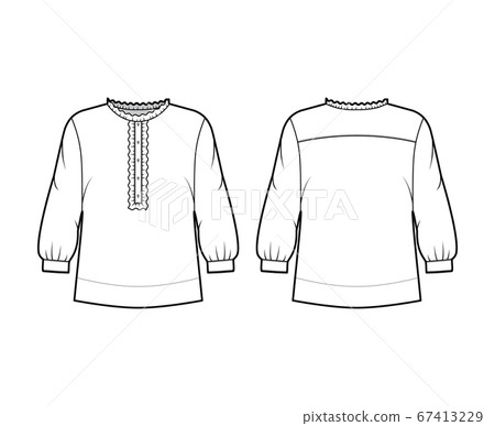 Shirt technical fashion illustration with oversized body, concealed button fastenings along front, delicate ruffles Shirt technical fashion illustration with oversized body, concealed button fastenings along front, delicate ruffles 67413229