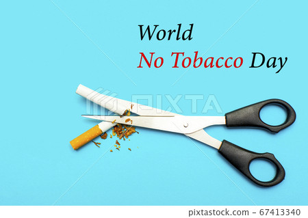 World No Tobacco Day. Concept of healthy lifestyles without cigarettes on the blue background. A cigarette cut with scissors on the calendar on may 31. World No Tobacco Day. Concept of healthy lifestyles without cigarettes on the blue background. A cigarette cut with scissors on the calendar on may 31. 67413340
